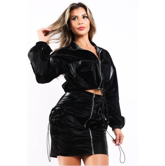 Women's Sexy Pearly Windbreaker Zip Up Long Sleeve Top & Matching Skirt 2 Pc Set - Picture 8 of 9